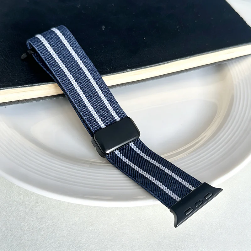 Stretch Striped Nylon Magnetic Strap for Apple Watch 38-49mm Elastic Wristband iWatch Series11 10 9 Ultra 2 SE Replacement Band