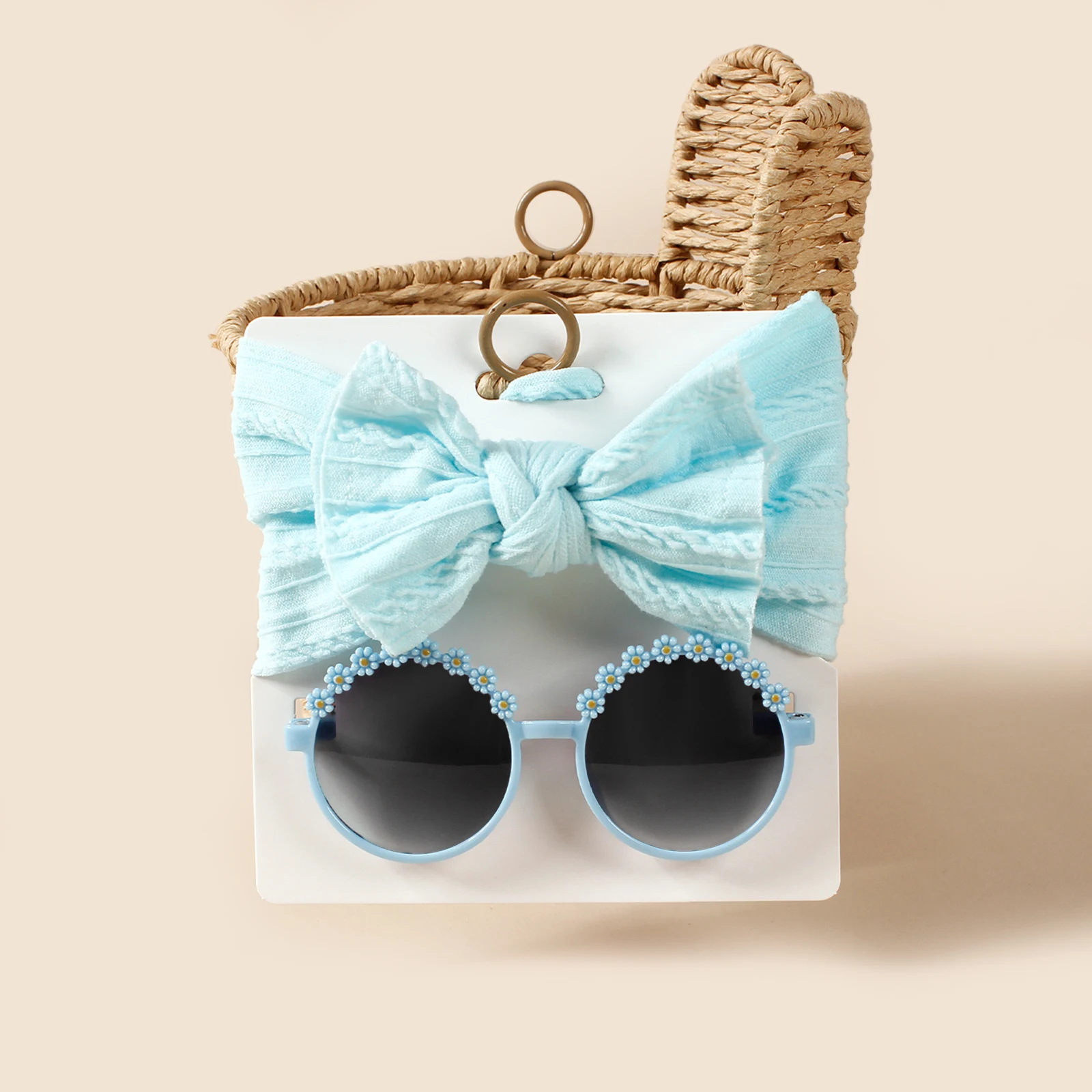 2pcs Kids Beach Round Frame Sunglasses Children Outdoor Hair Accessories Girls Jacquard Bow Headband Fashion Glassess Set