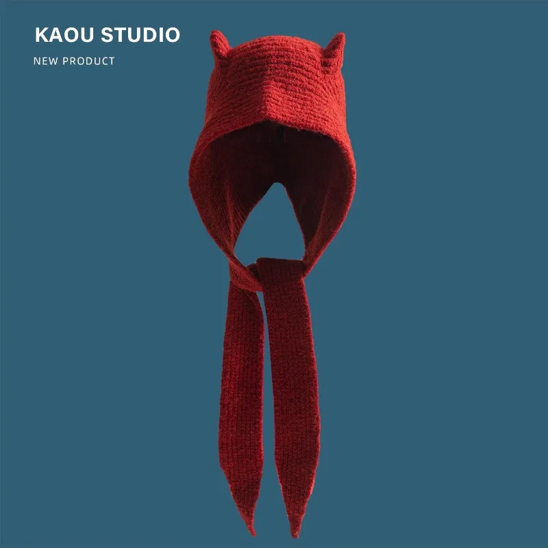 Korean Niche Scarf Integrated Knitted Balaclava Hats for Women Autumn and Winter Warm Versatile Retro Christmas Red Bomber Hat
