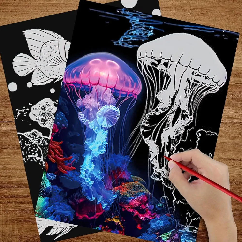 Adult and adolescent scratch art, 4 sheets of scratch paper glowing in the dark rainbow, beautiful night scene scratch paintings