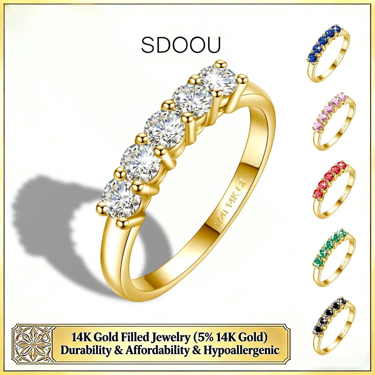 

Классическое кольцо SDOOU из 14-каратного золота с пятью камнями и муассанитом 0,2 карата, цвет D, обручальное кольцо, подарки на годовщину, Рождество, вечеринку для женщин
