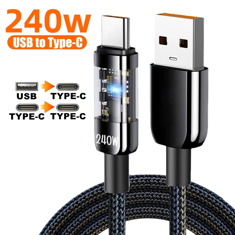 240W Fast Charging Cable Nylon Braided USB C High Speed Data LED Display For iPhone 15/16 Samsung Xiaomi Honor Home Desktop