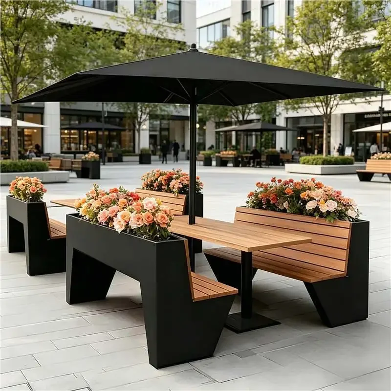 Outdoor courtyard flower box table and chair combination shopping mall rest area leisure card seat with parasol outdoor plastic