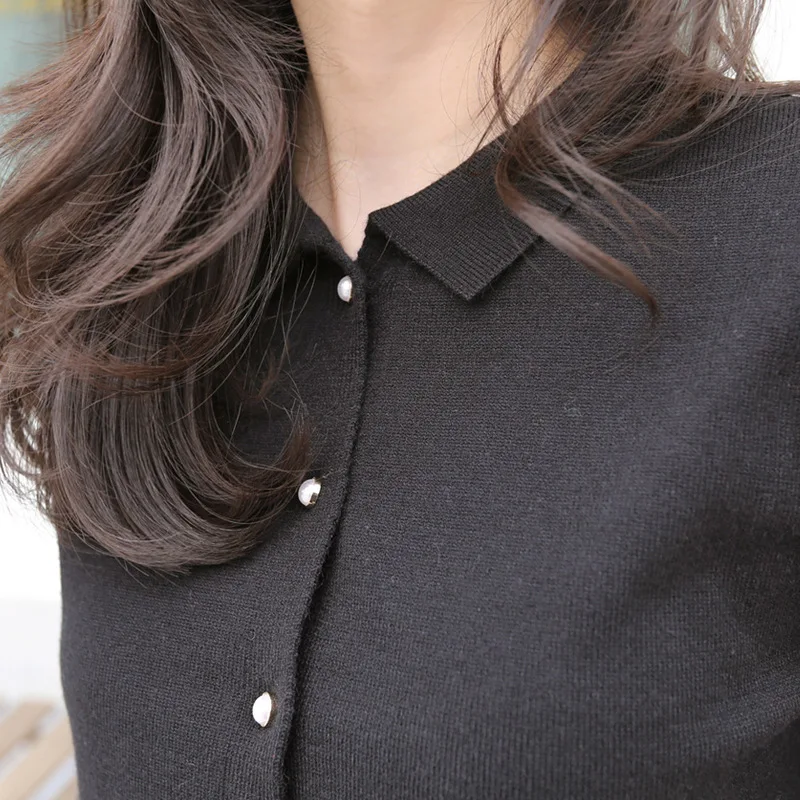 Cropped Cotton Button Up Polo Collar Cardigan Sweater Black