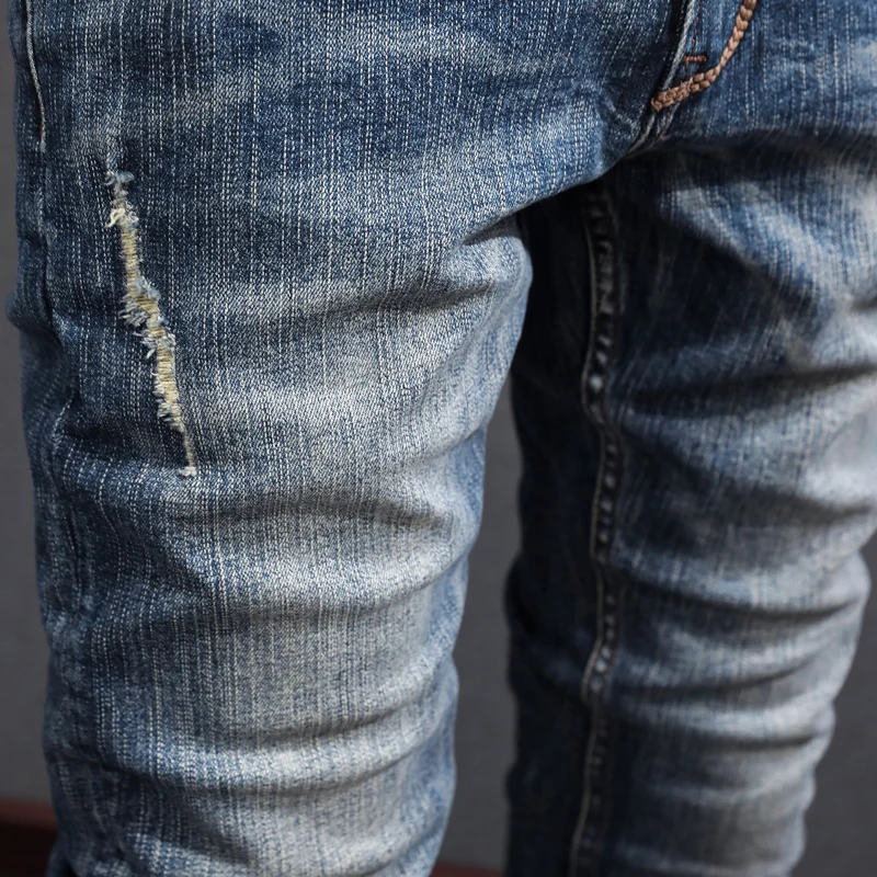 Fashion Designer Men Jeans High Quality Retro Blue Elastic Slim Fit Ripped Jeans Men Italian Style Vintage Denim Pants Hombre