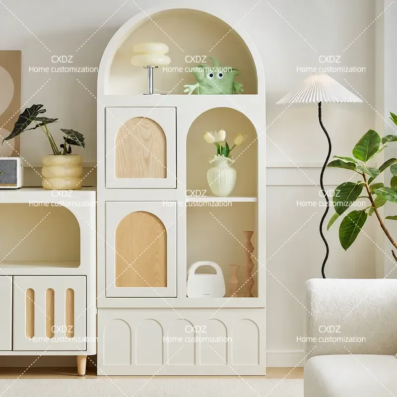 Solid Wood Bookcase Floor Standing Wine Cabinet Wall Mounted Arched Design Retro Style White Storage Shelf for Living Room