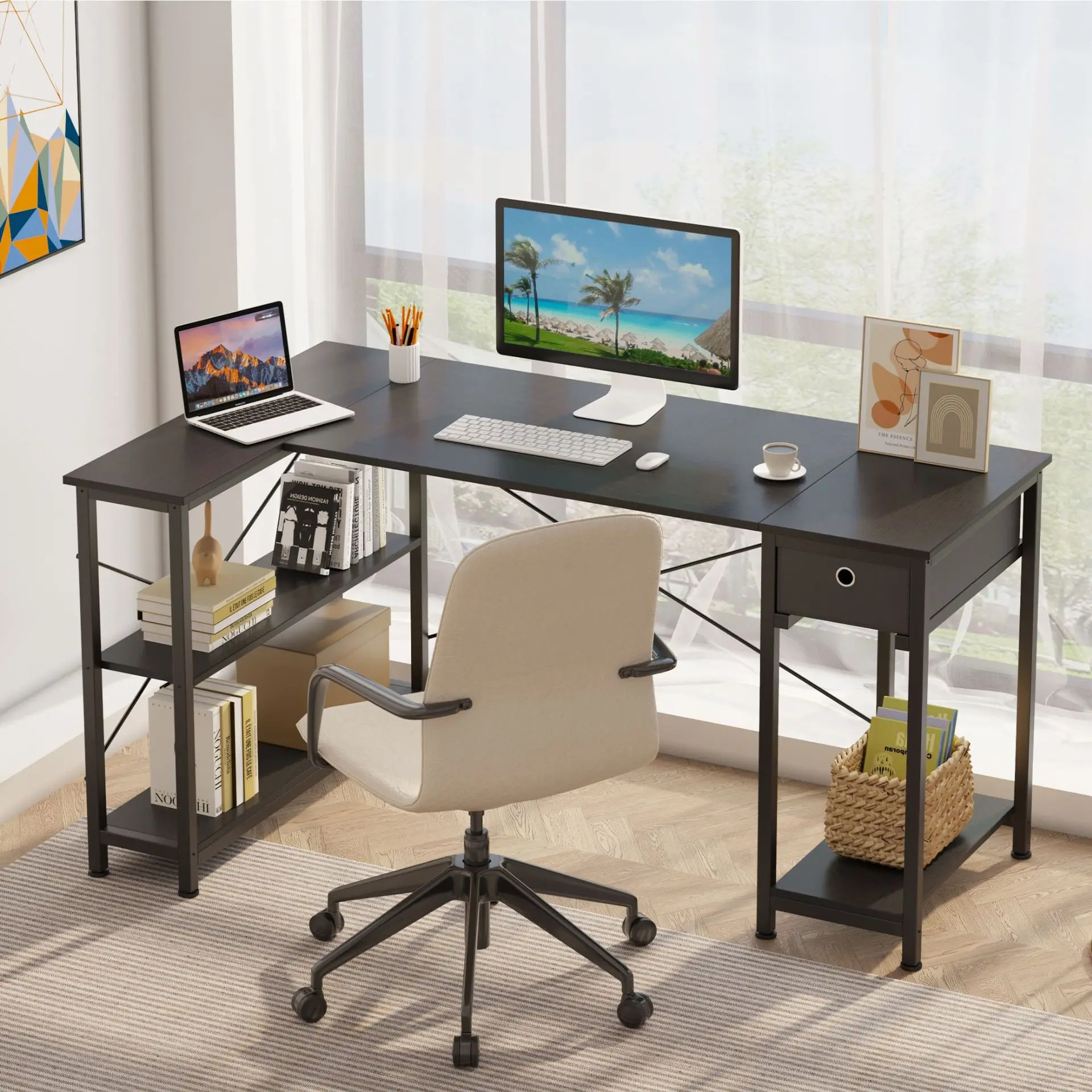 Corner computer desk with single drawer, home desk, against the wall, simple