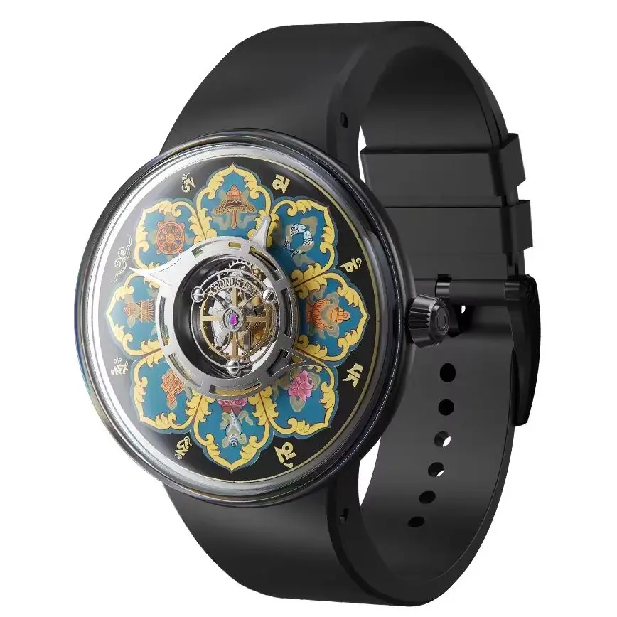 CRONUSART Men Central Tourbillon Watch 43mm Mechanical Wristwatch Titanium Case Sapphire Mirror Luminous Tangka Enamel Dial