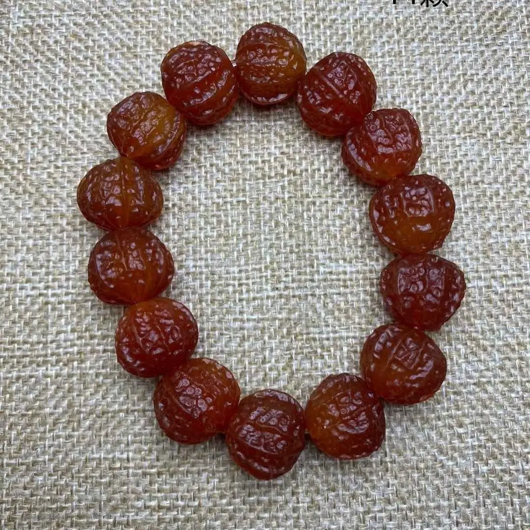 Chinese Style Lucky Fortune Blessing Natural Red Agate Exquisitely Carved Walnut Shape Beaded Bracelet Unisex Wealth Attract Tra