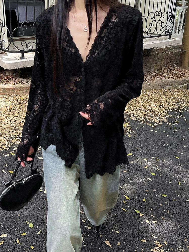 

Корейский женский кардиган Faion V-Ne с эффектом похудения, кружевной свободный универсальный открытый кардиган на одной пуговице Long Sve