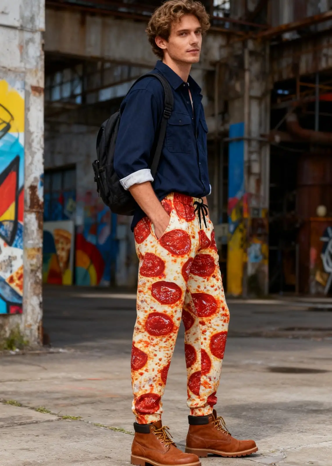 Fun Italian Pepperoni Pizza Print Track Pants for Both Men and Women, with Drawstring Pockets, Stylish Street Party Pants.