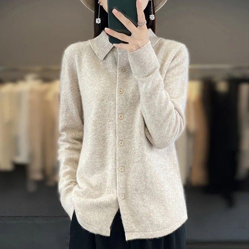 Women\'s POLO Neck 100% Mink Cashmere Cardigan Winter New Long Sleeved Solid Color Jumper Button Lape Mink Cashmere Knit Jacket