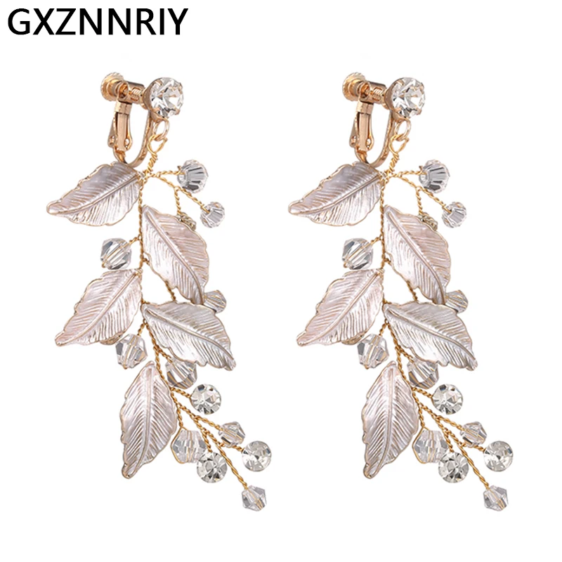 

Fashion Leaf Crystal Clip On Earrings for Women Accessories Handmade Bridal Wedding Drop Earring Party Jewelry Bridesmaid Gift