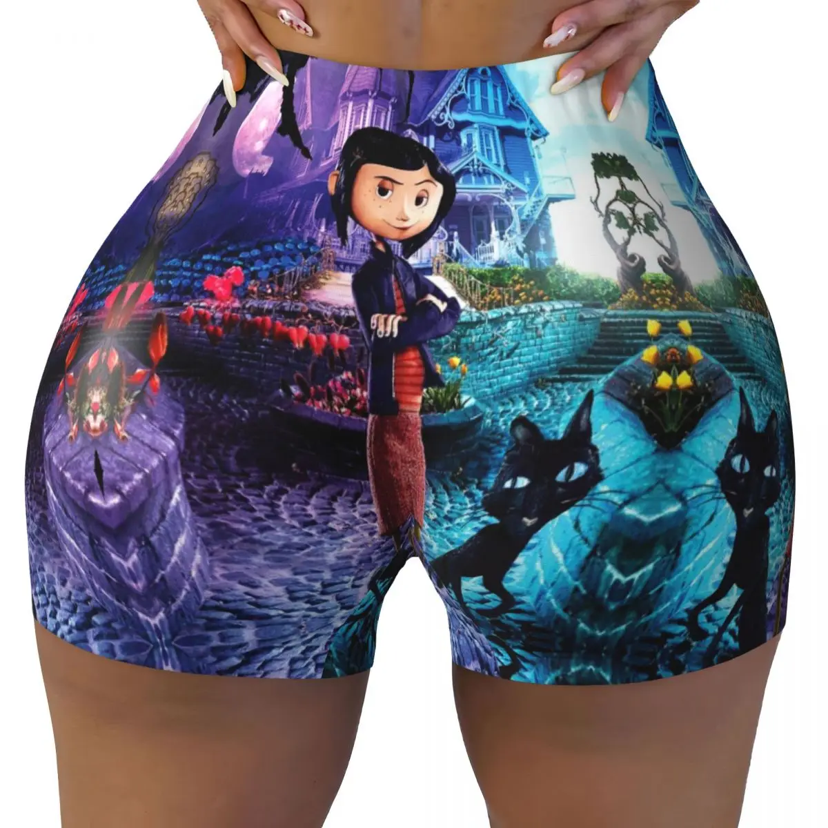 Custom Women's Coraline & The Secret Door Action Film Workout Yoga Shorts Athletic Gym Volleyball Biker Shorts