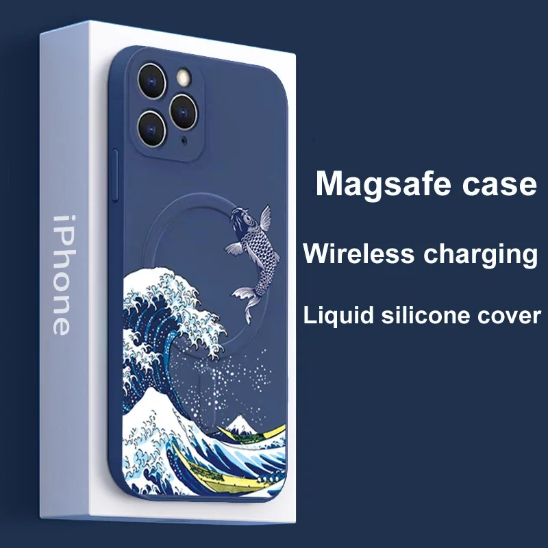 Liquid Silicone Cat Crane Wave printed Magsafe Case for iPhone 15 14 Plus 13 12 Mini 11 Pro Max XR XS Magnetic Soft Cover Fundas