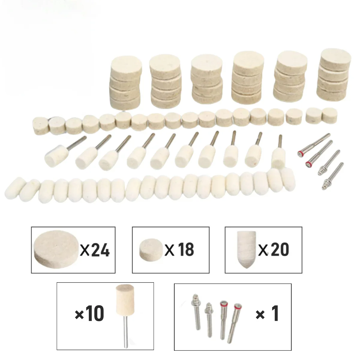 76 buah berbagai macam kit poles wol terkompresi bulu wol halus pemoles abrasif Bits Buffing roda untuk alat putar Dremel