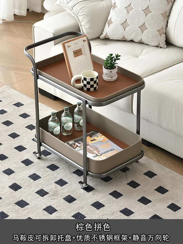 أريكة جلدية إيطالية فاخرة وخفيفة الوزن متحركة بجانب قليلة مع عجلات لغرفة المعيشة وطاولة قهوة منزلية من الفولاذ المقاوم للصدأ #1