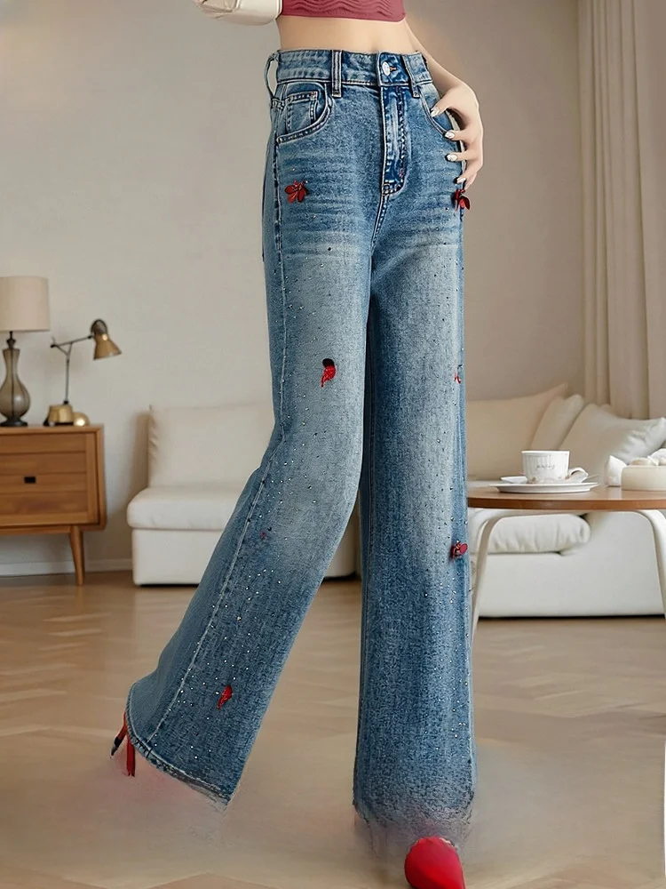 

Blue High Waist Casual Jeans Women's Summer Vintage Slim Straight Loose Wide Leg Pants Glittering Denim Cotton Blend