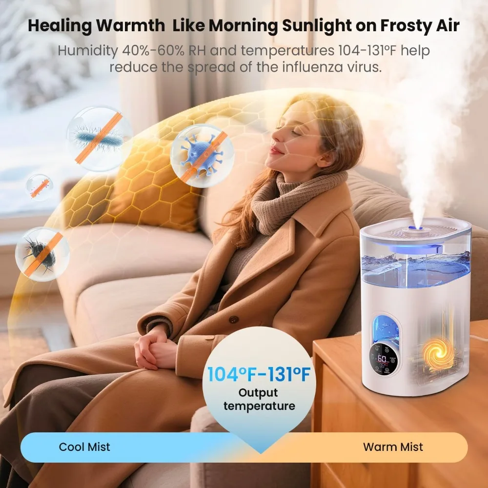 เครื่องเพิ่มความชื้นในอากาศ GloryAir 6L แบบเติมน้ำด้านบน เงียบสงบ ให้ละอองเย็นและอุ่น พร้อมระบบควบคุมความชื้นอัจฉริยะ รีโมทคอนโทรล เหมาะสำหรับห้องนอนขนาดใหญ่