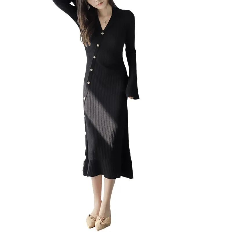 Knitted trumpet sleeve temperament women\'s spring and autumn slim-fit small lapel knitted dress