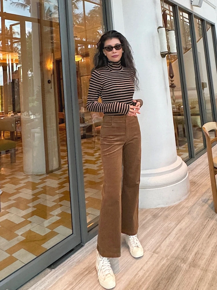 High Waist Flared Casual Pants Autumn Practical Easy to Match Corduroy Slimming And Shaping Long Commute Style Cotton Blend