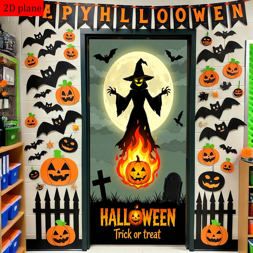 Halloween witch pumpkin moon bats flame cemetery Door frame decoration with high elasticity elastic band