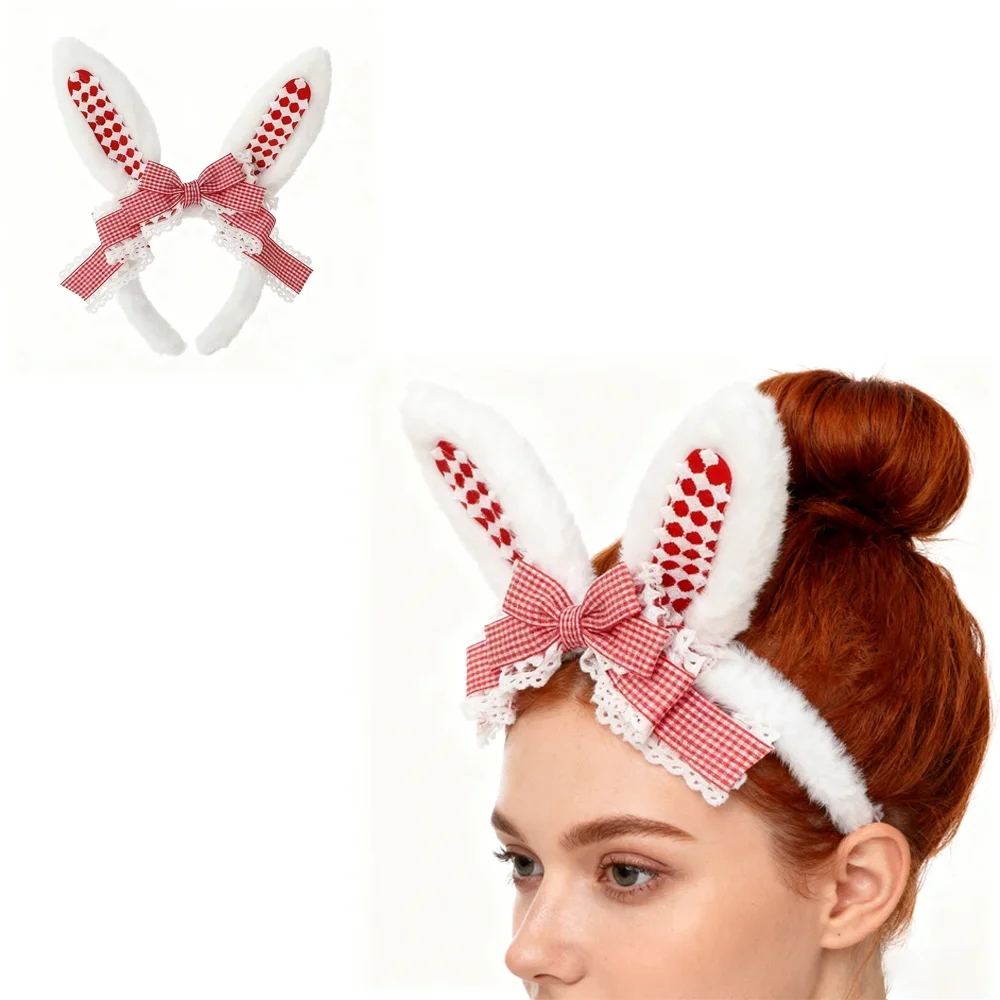

PESENAR Easter Bunny Ears Headband with Red Gingham Bow and Lace