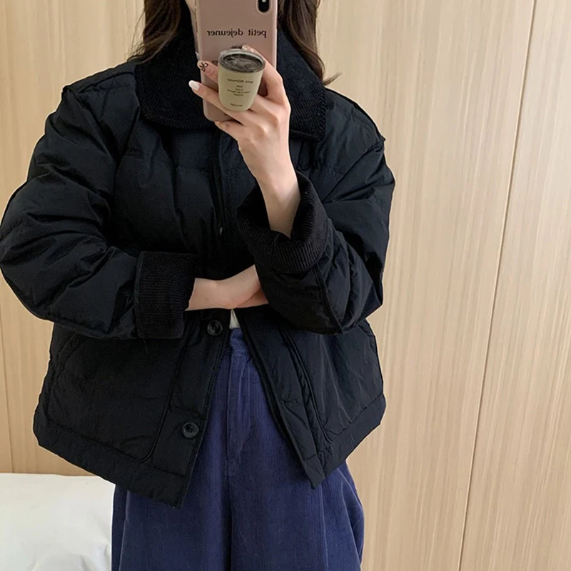 Retro Kurze Parkas Mantel Frauen Koreanische Casual Alle Spiel Lose Große Taschen Solide Mäntel Langarm Dame Winter Dicke Warme Oberbekleidung