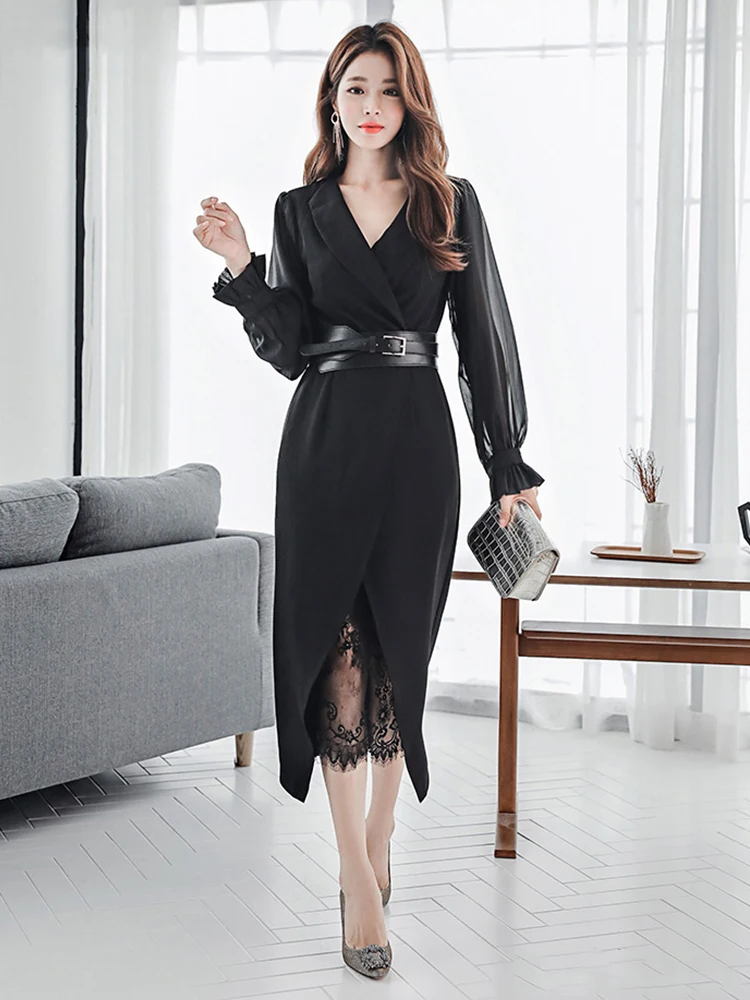 Formal 2 Pieces Outfits Elegant Women Lady Temperament Notched Neck Belt Midi Dress Robe Vestidos Sexy Sheer Lace Party Slim Set