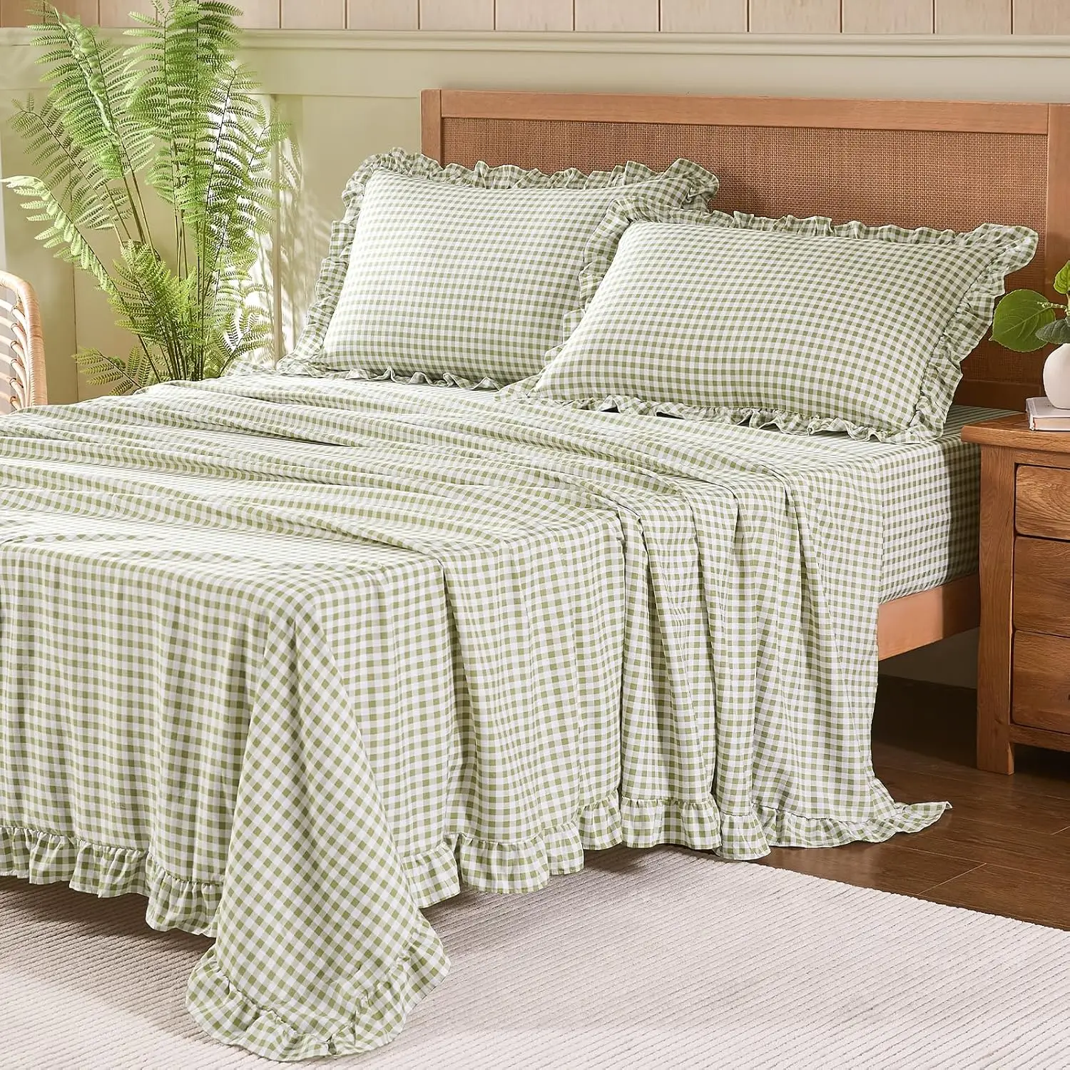 

Queen Sheet Set, Super Soft Brushed Microfiber Plaid Bed Sheets with 16" Deep Pocket, 4 Piece Ruffle Farmhouse Decor, Sage Green