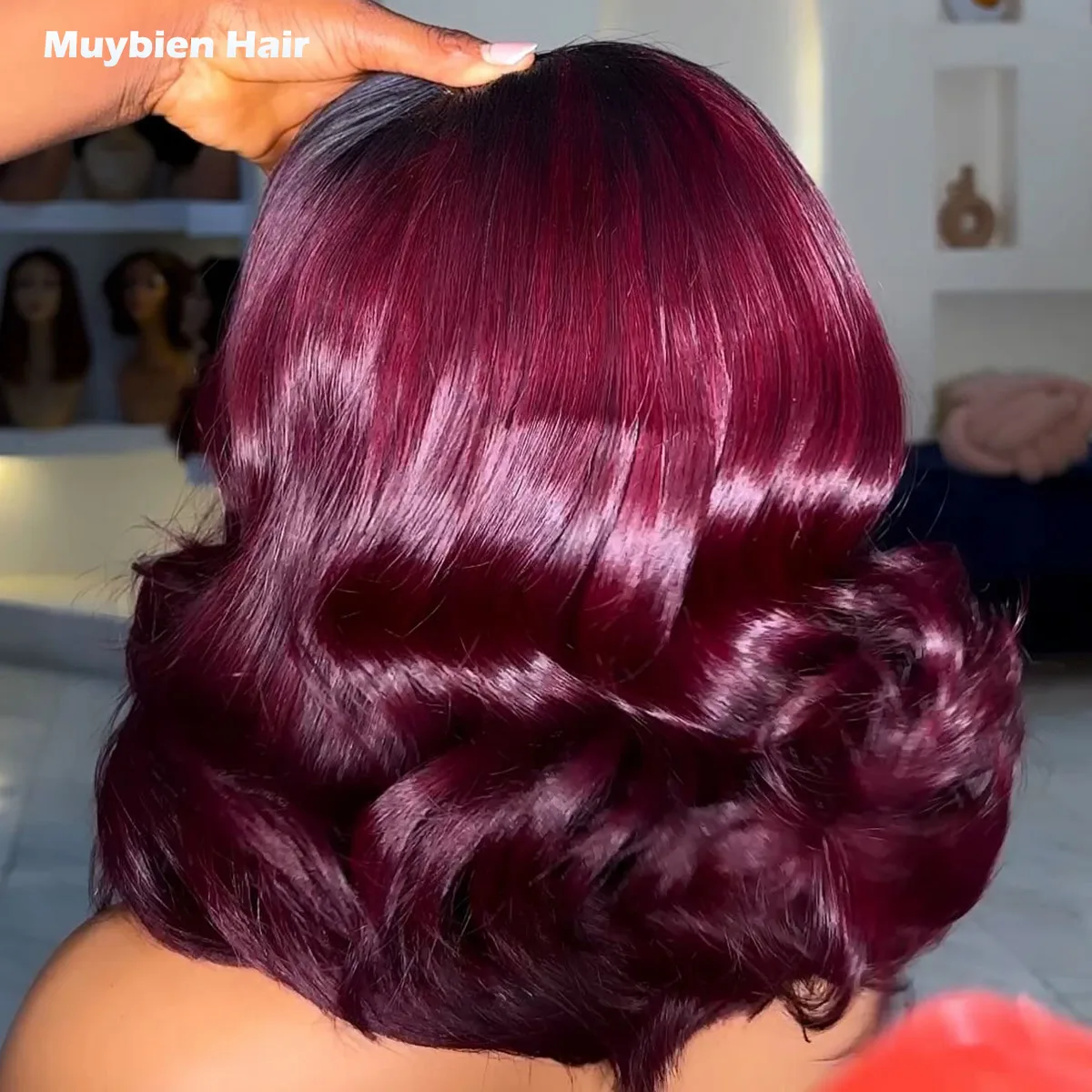 Wear and Go Glueless Bob Wig Human Hair Ombre Burgundy Loose Wave Wig Human Hair 13x4 HD Lace Front T1b/99j Bouncy Curls Wigs view 4