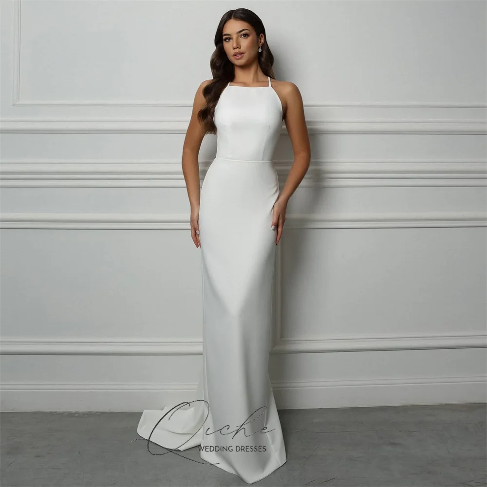 

QICHE Simple Mermaid Wedding Dress Women Halter Backless Lace-up Sleeveless Sweep Train Vestidos De Novia Bridal Gown Customized