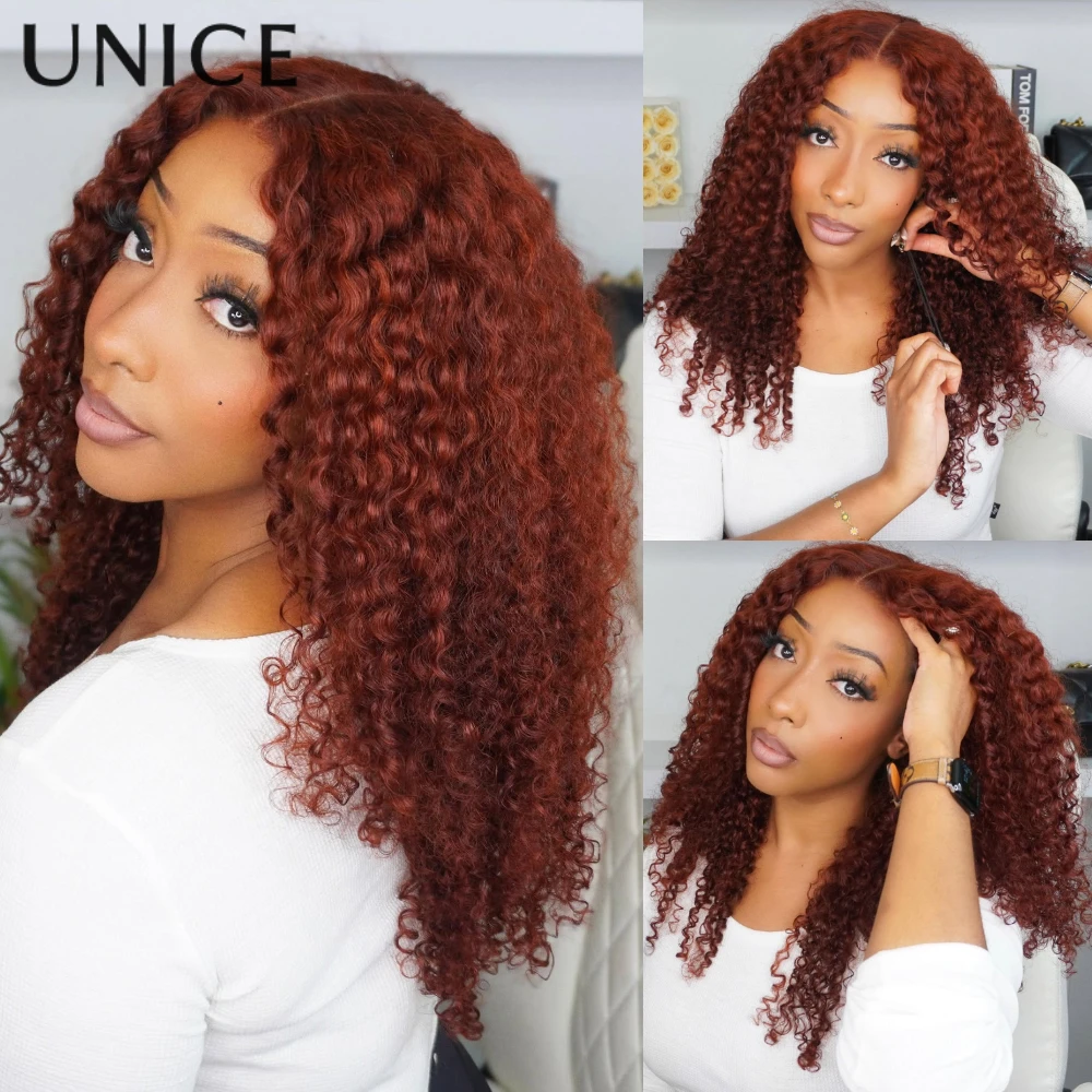 UNice 7x5 Lace Reddish Brown Jerry Curly Human Hair Wigs With Drawstring Pre Cut Pre Bleached Wear Go Glueless Wigs