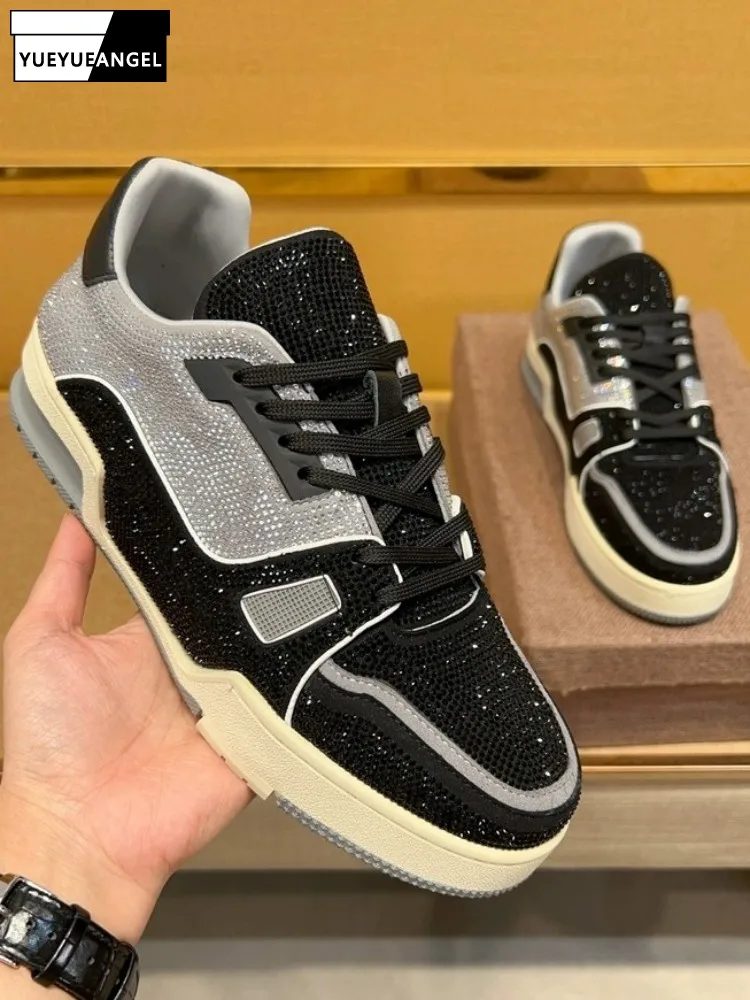 Fashion Mixed Color Diamonds Lace-Up Height Increase Casual Shoes Concise Style Round Toe Hard Wearing Platform Male Footwear