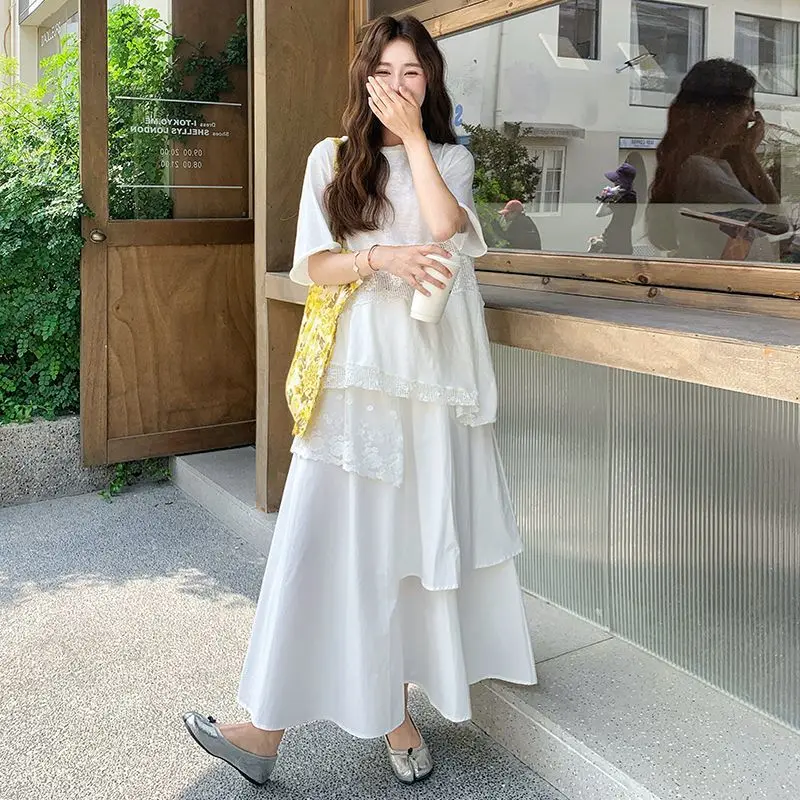 

Lace Patchwork T-shirt Half Skirt Set Two-piece Set Women's Summer French Style Gentle And Sweet Outfit