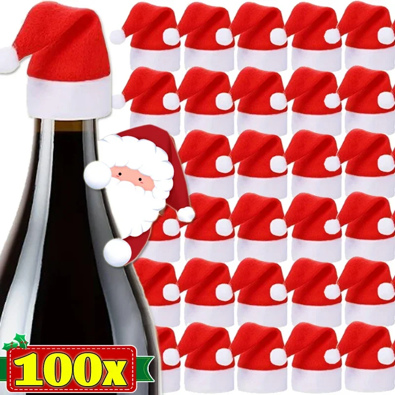 5/100PCS Mini Santa Hat Cute Wine Bottle Cover Lollipop Cap Xmas Tree Ornaments Christmas Dinner Table Decoration New Year Gifts