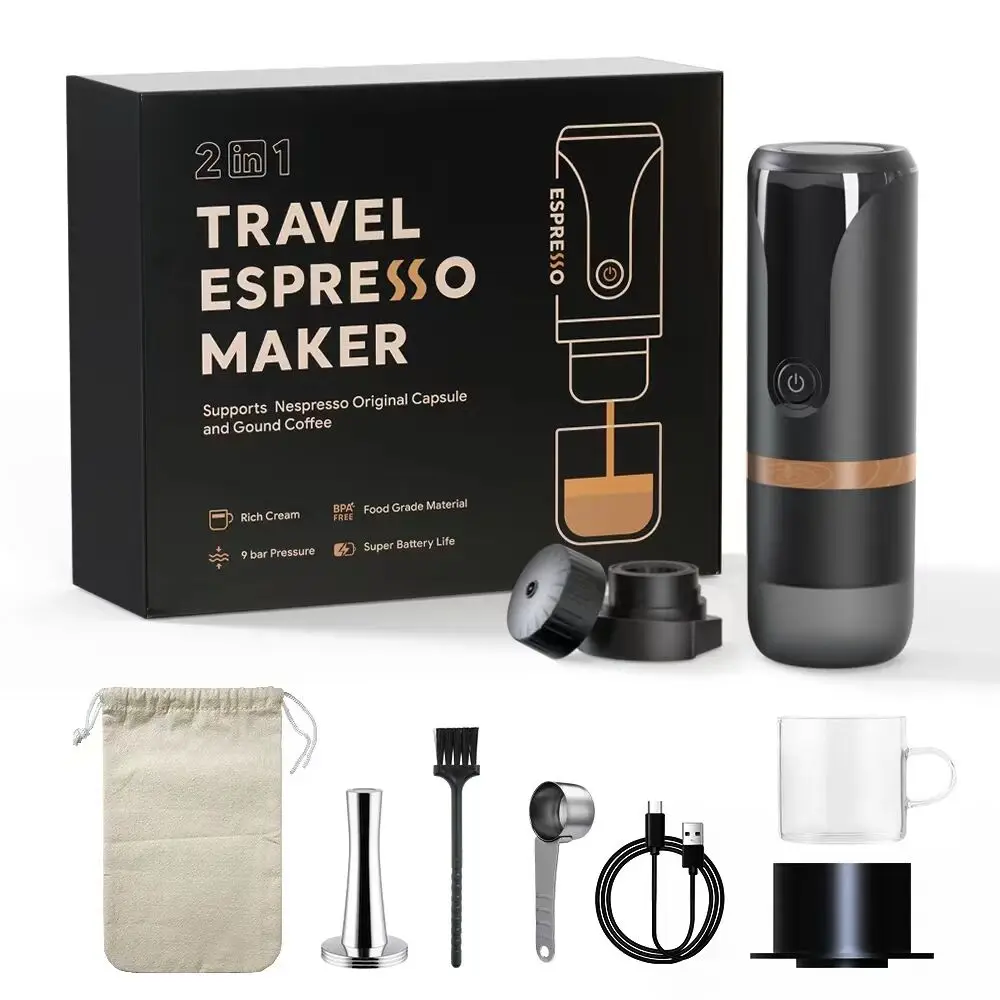 Portable Espresso Machine Mini Hiking Travel Coffee Maker Rechargeable 2 in 1 Compatible with Nespresso Capsules Ground Coffee