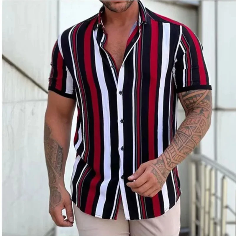 New Men Shirt Fashion Striped 3D Print Short Sleeve Tees Summer Beach Shirt Turn-down Collar Button Casual Blouse Men\'s Clothing