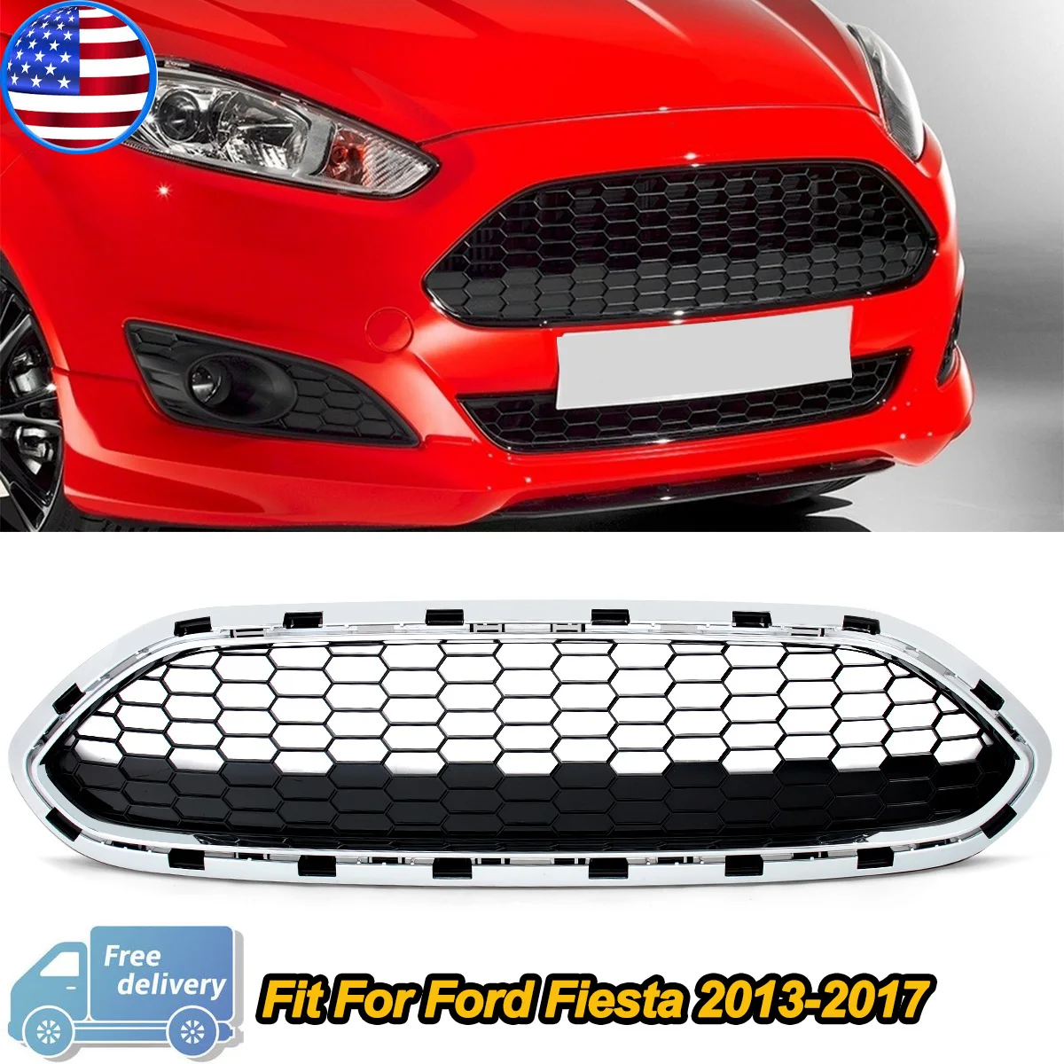 

Chrome+ Black Honeycomb Style Front Bumper Grille Grill For Ford Fiesta 2014 2015 2016 2017 2018