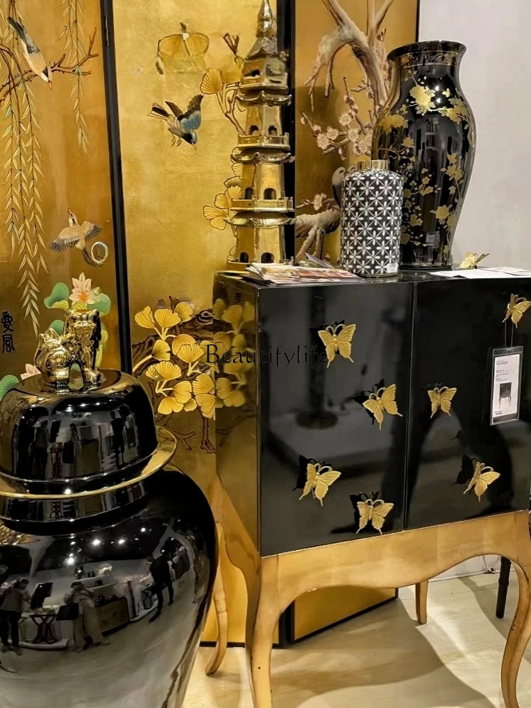 American-Style Black Gold Butterfly Decorative Locker Solid Wood Double Door Hallway Storage Cabinet