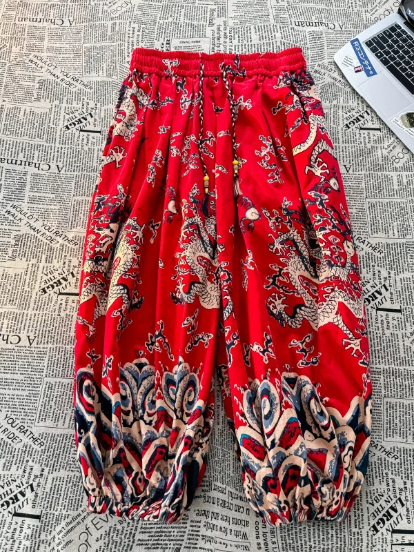 

Мужские свободные брюки-галифе с широкими штанинами, повседневные, новые, с принтом в китайском стиле «Дракон», хлопковые, летние, для отдыха