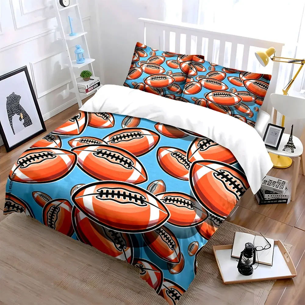3Pcs Football Bedding Set, Cartoon American Football Pattern Print Duvet Cover + 2 Pillowcases, Sports Fan Decor, great gifts