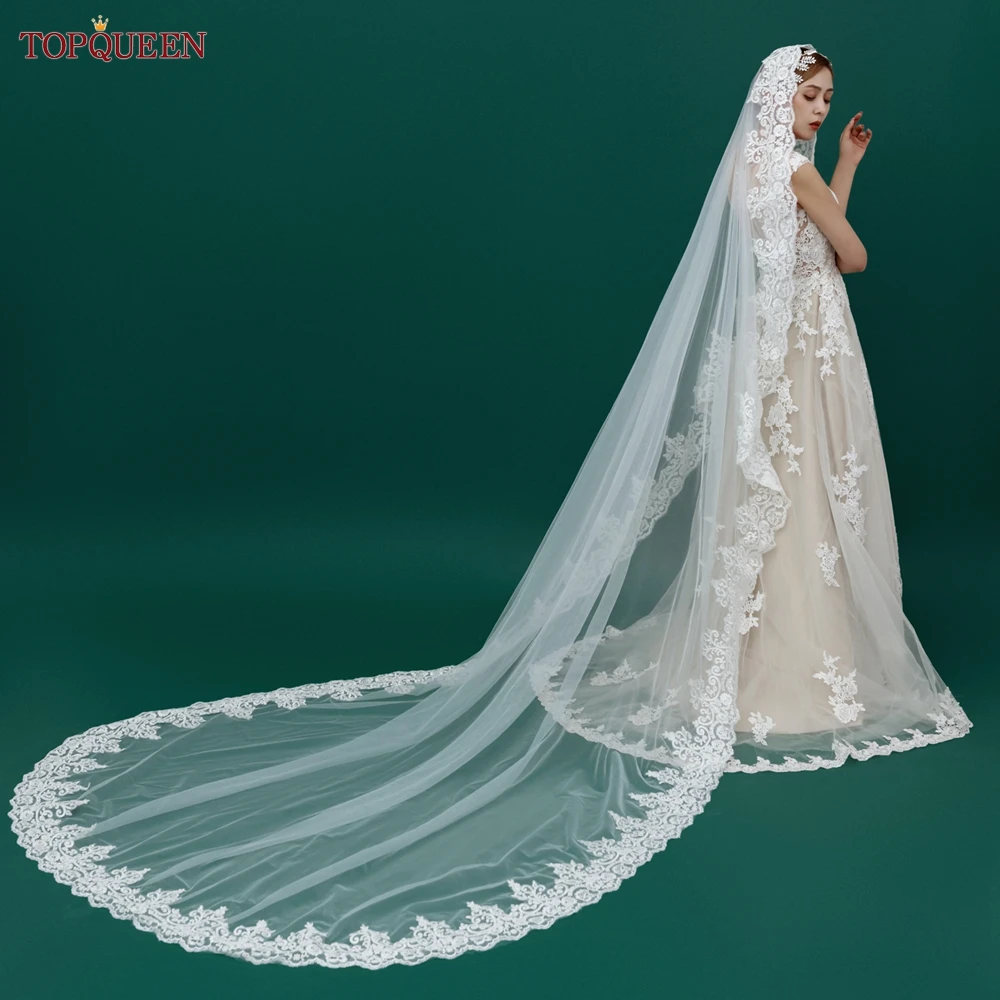 

TOPQUEEN V68 Elegant Bridal Veil Wide Embroidered Lace Muslim Wedding 3M Long Cathedral Single Layer Hair Comb Veil