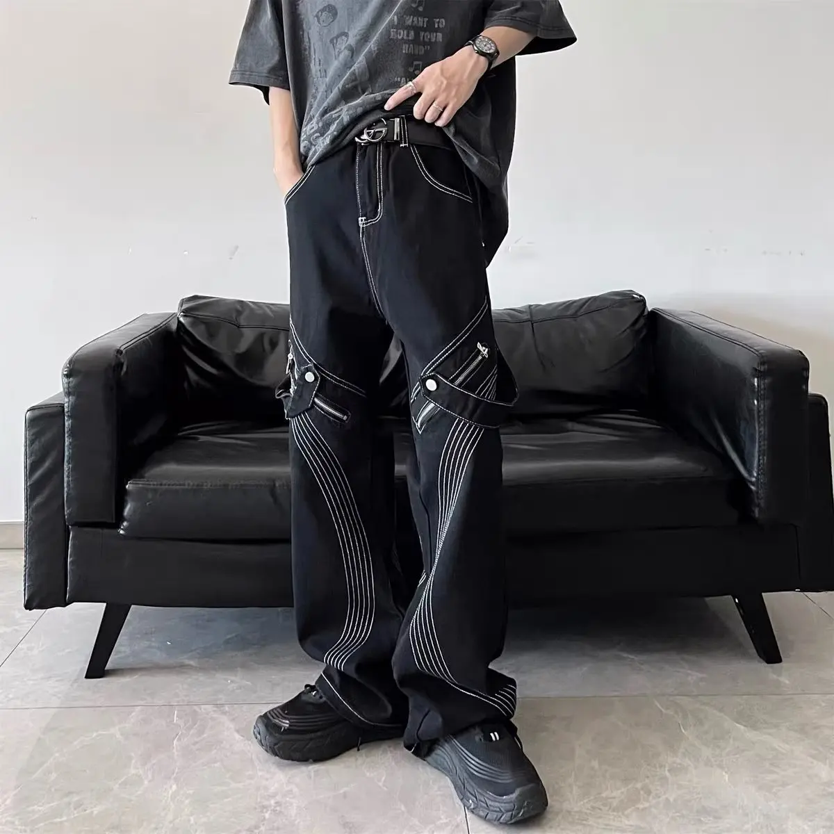 New Tide Spring Men Korean Version Fashion Vintage Wash Hip Hop Jeans Y2k Streetwear Baggy Denim Trousers Straight Wide Leg Pant