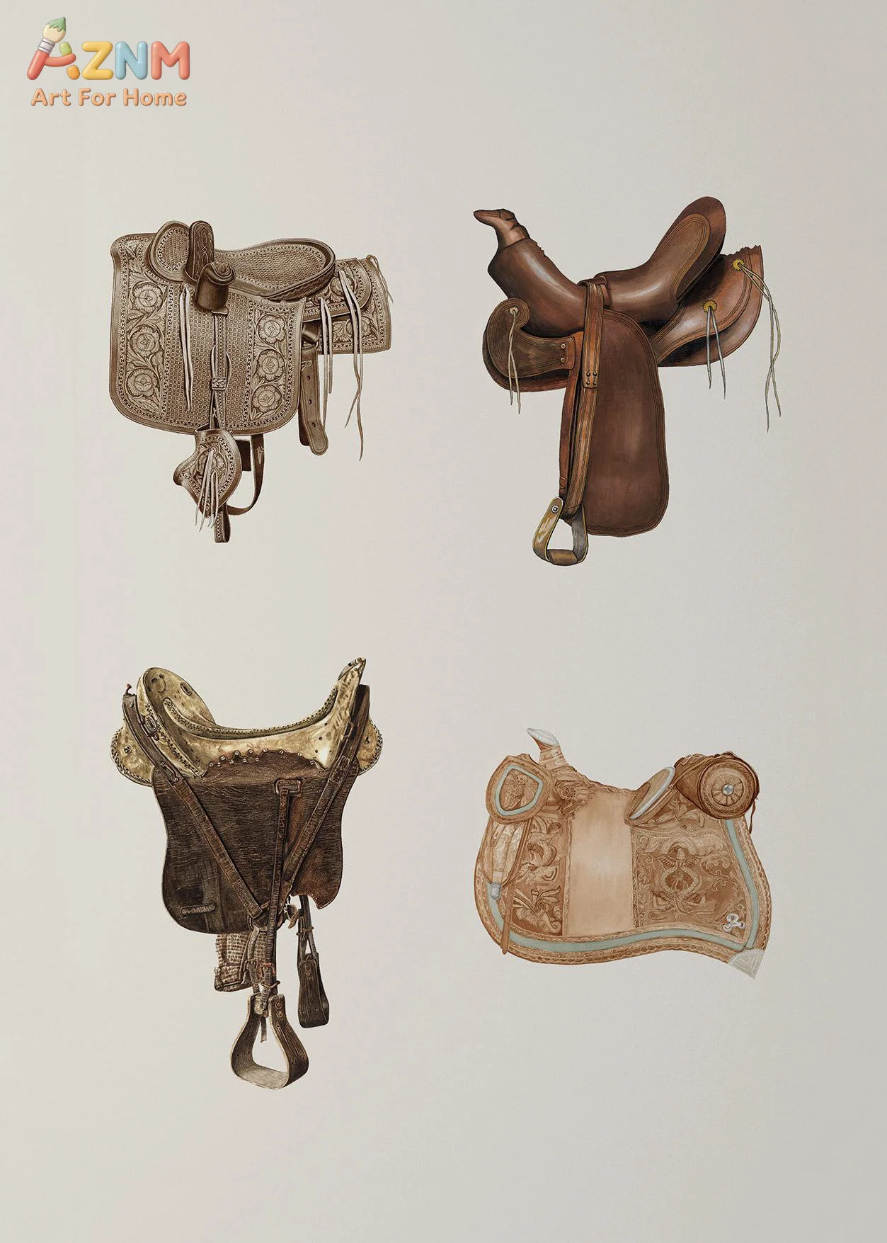 AZNM Vintage Horse and Saddle Canvas Wall Art Equestrian Illustration Print Classic Western Style Living Room Home Decor