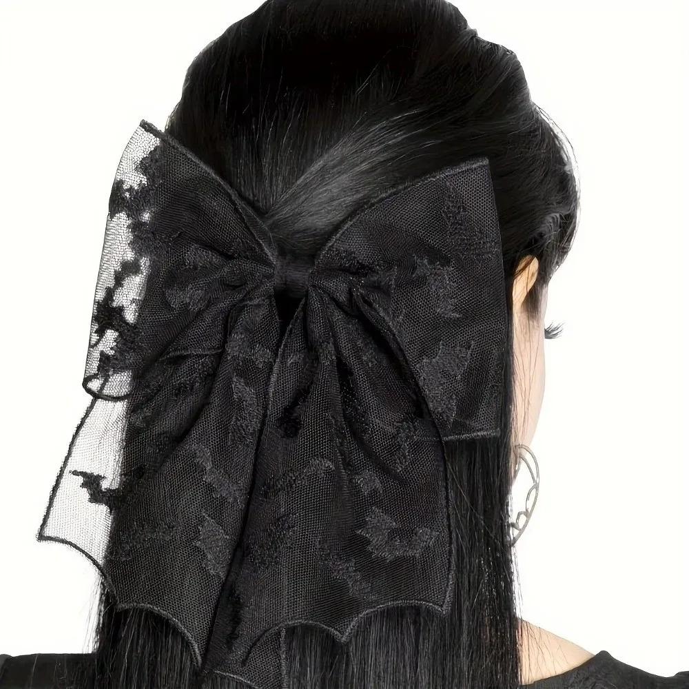 Lace Tulle Veil Hair Clips Mesh Bow Gothic Style Halloween Hairpins Christmas Tree Bat Embroidery Bow Hair Clips