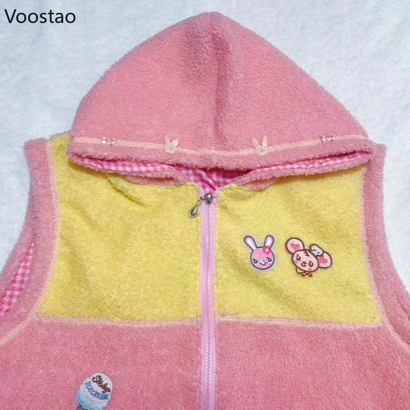 Y2k Aesthetic Sweet Lolita Vest Women Japanese Cartoon Bunny Embroidery Warm Plush Coat Harajuku Girls Hooded Jackets Waistcoat