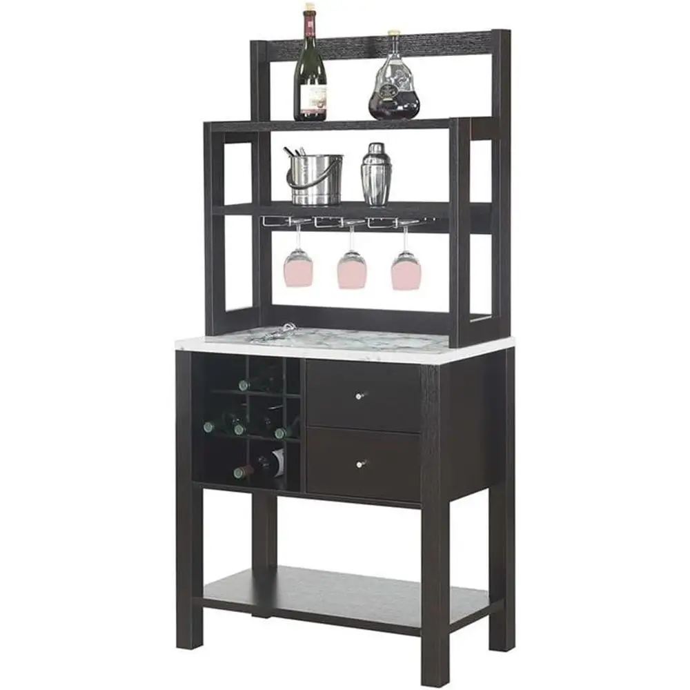 White Marble Finish Multi-Function Home Wine Bar Cabinet with Glass Rack and Storage