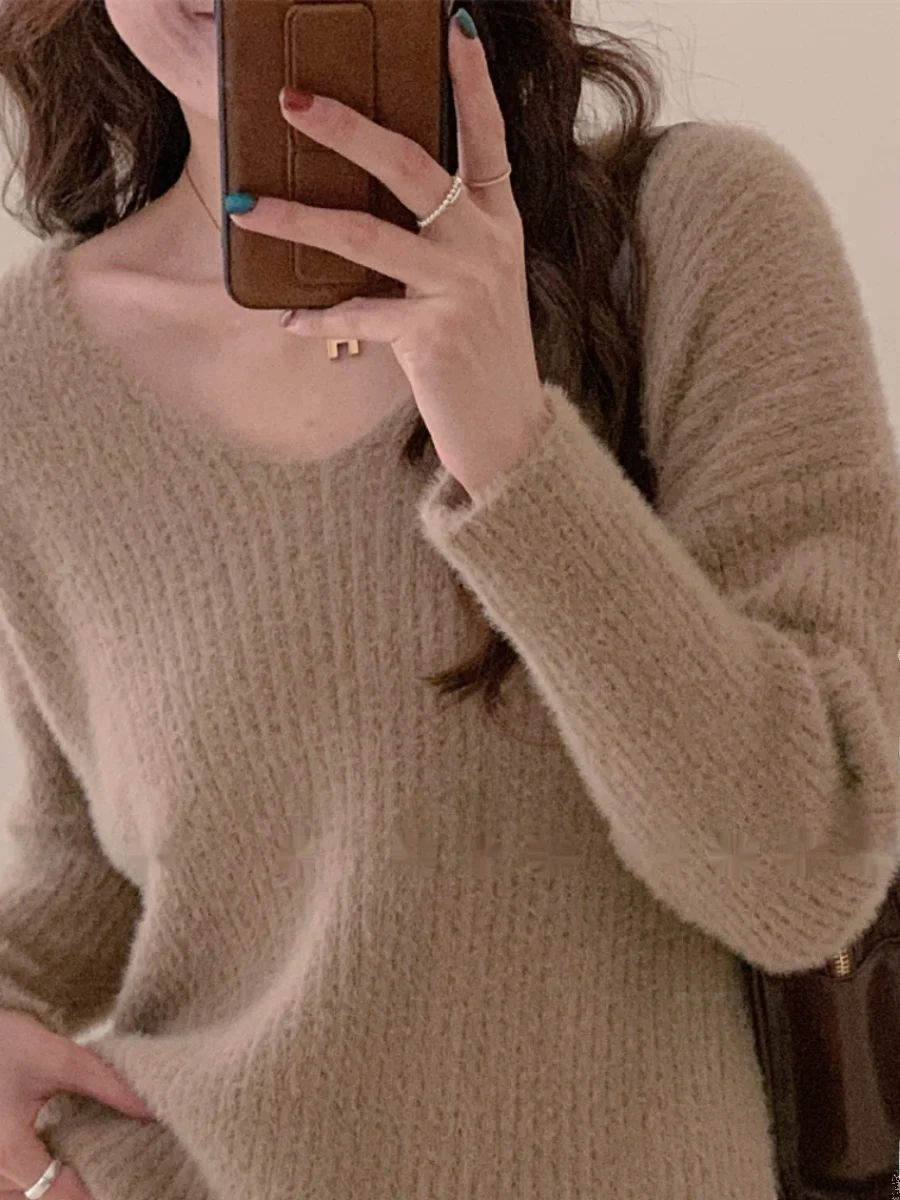 Ultraweicher V-Ne-Strickpullover aus Nerzsamt mit langem Haar, warm, gemütlich, für den Winter, für Damen, Faion, Freizeitkleidung, normale Passform, lang, Sve