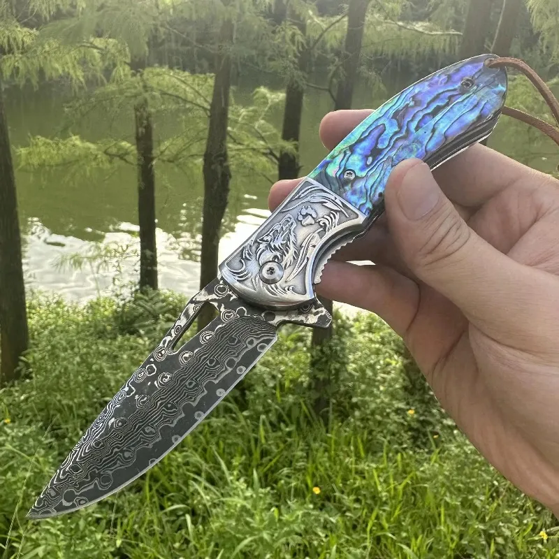 

Складной нож с дамасским клинком, рукоять из черного дерева, для кемпинга, активного отдыха, EDC, карманный нож